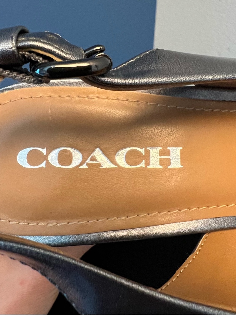 COACH Ferry Cork Wedge Metallic Gunmetal & Leather Peep Toe Slingback Sz 8.5 B - Picture 9 of 11